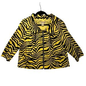 Patrick Christopher Jacket Women L Yellow‎ Zebra Print Zip Front Moto 3/4 Sleeve
